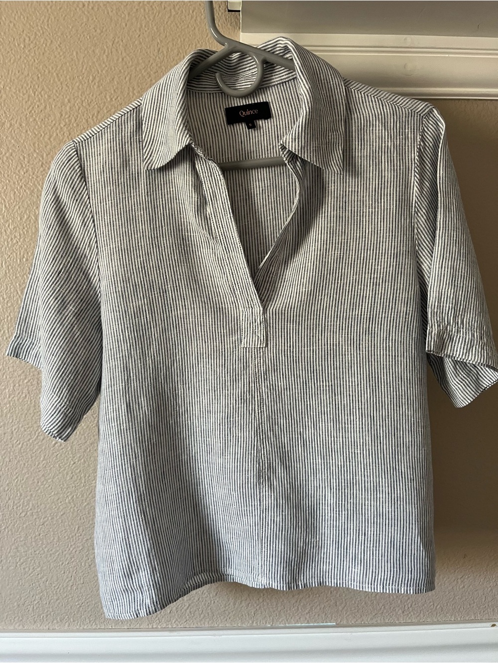 Quince Women's Short-Sleeve Linen Blouse in White & Navy Stripe